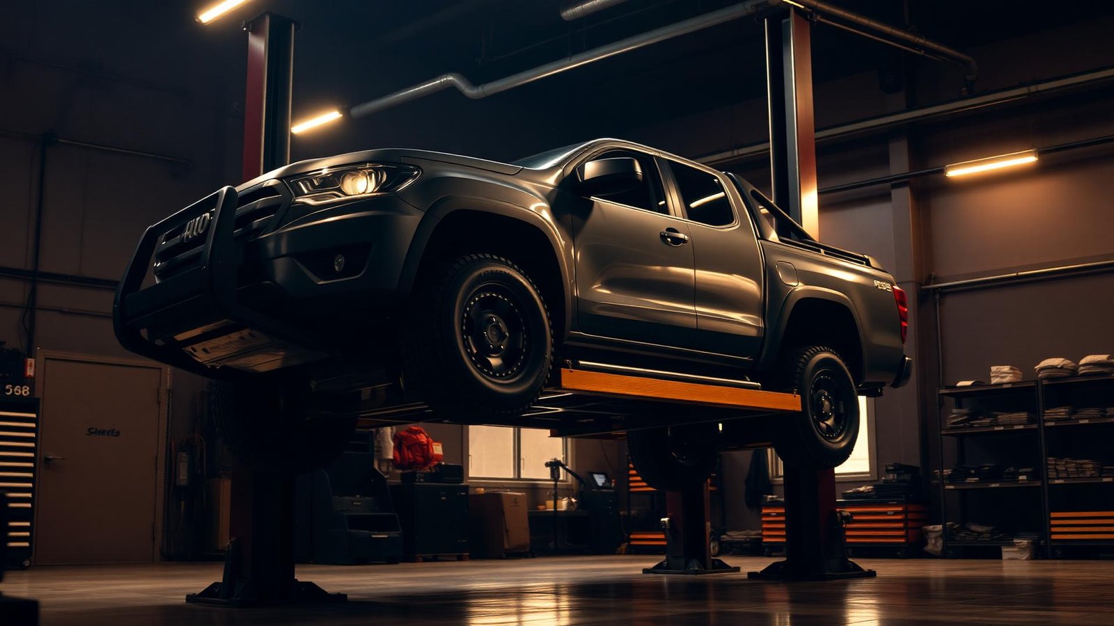 Diesel ute on a hoist at Phillip Lim Automotive